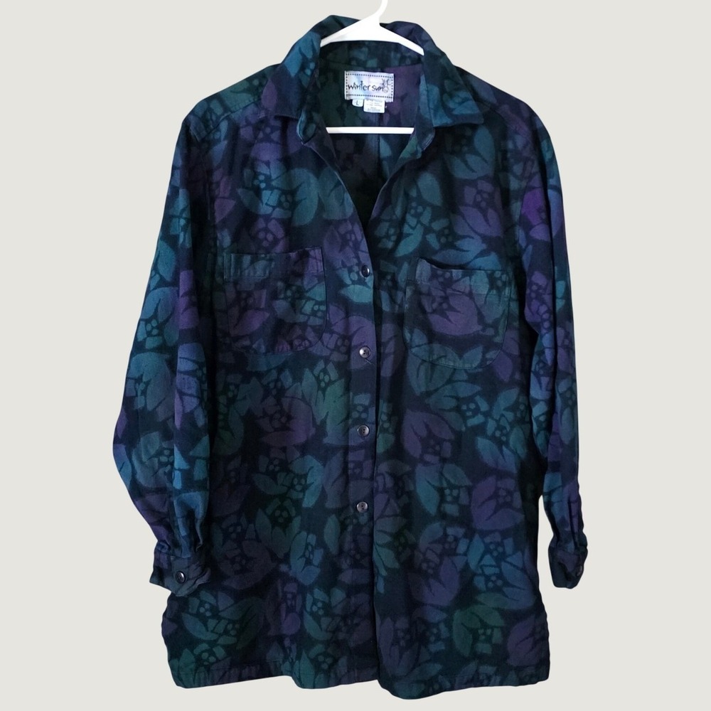 Winter Sun Womens Dyed Button Down Shirt Size Large Floral Cotton Art To Wear